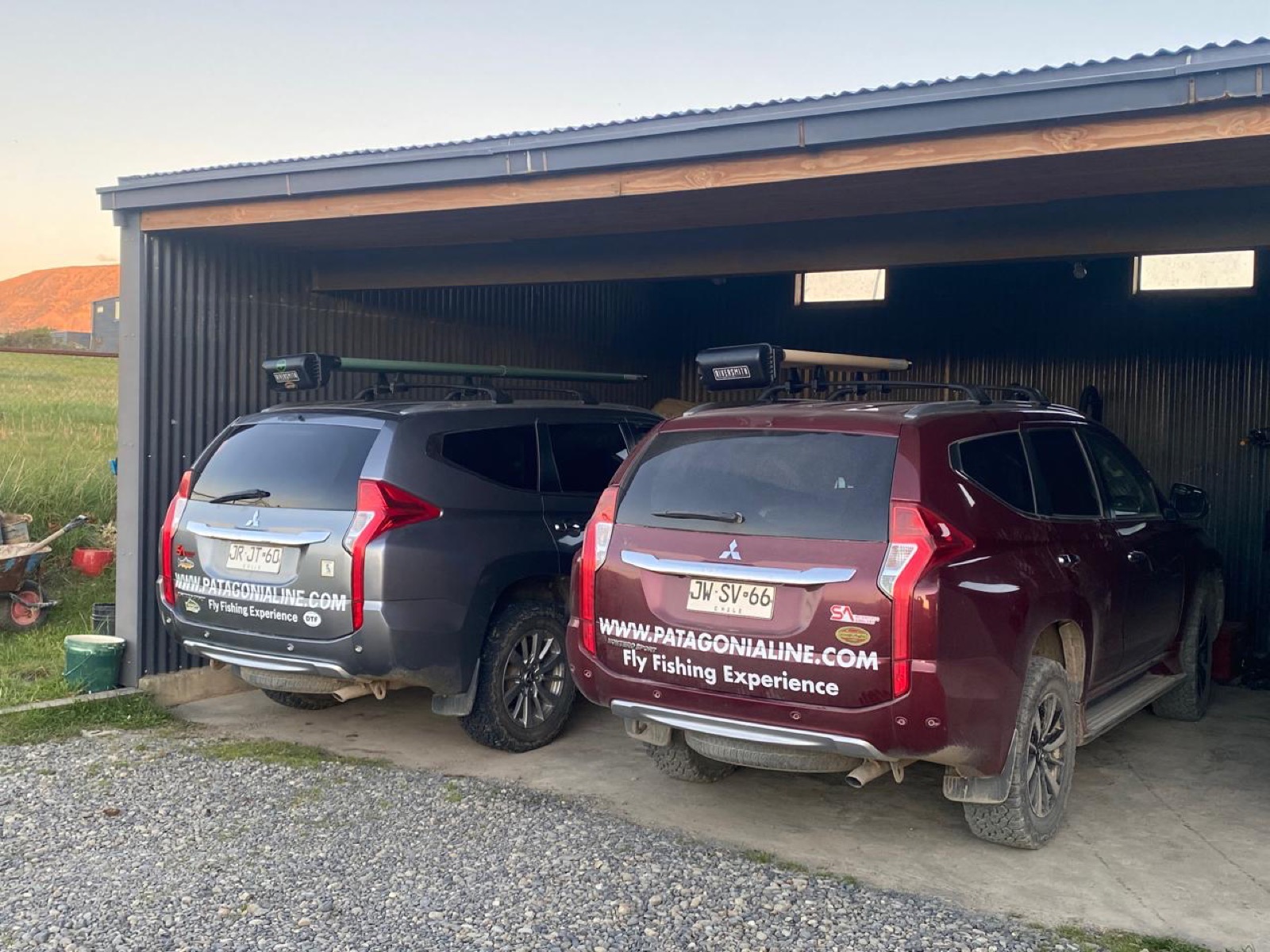Both Patagonia Line 4x4s rigged with rod vaults at the lodge at dusk